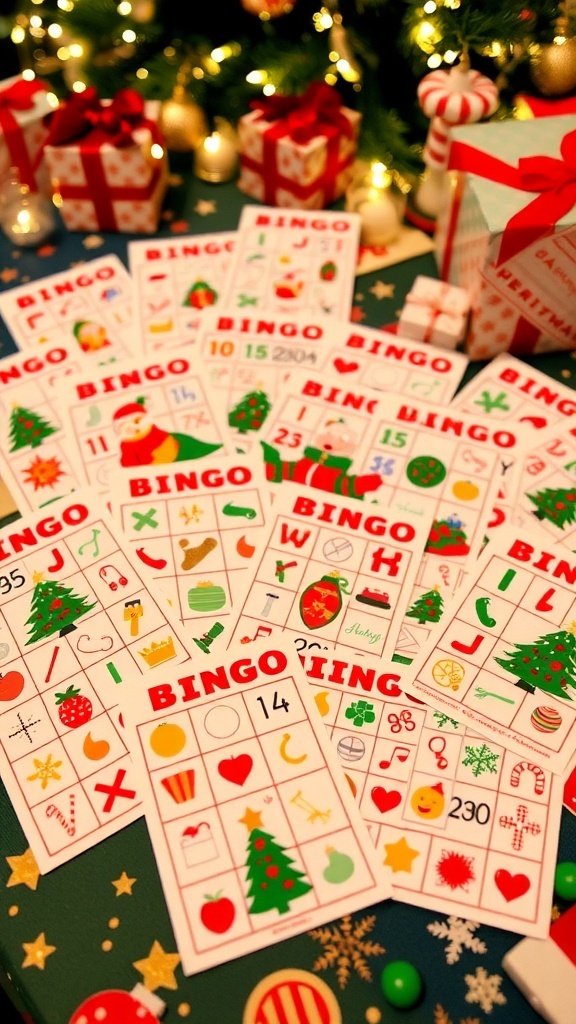 A collection of Christmas Bingo cards with festive designs on a decorated table.